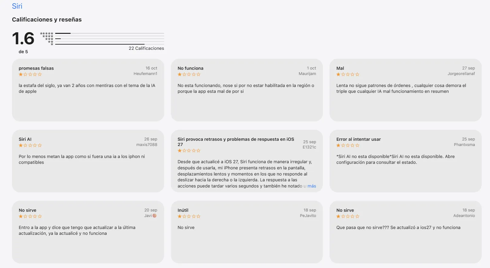 Interface App Store affichant les notes et avis négatifs de l’assistant Siri avec un score moyen de 1,6.