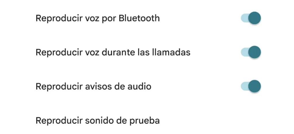 Paramètres sonores de Google Maps avec commutateurs pour la voix, les appels et les invites audio Bluetooth.
