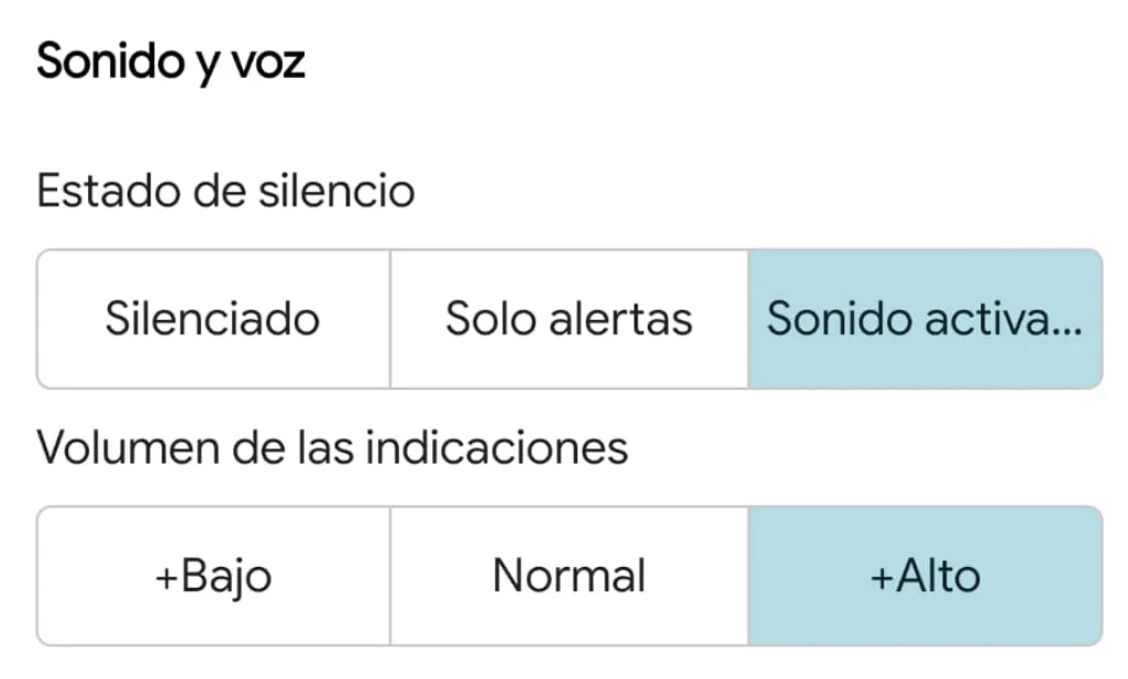 Section des paramètres sonores et vocaux dans l'interface Google Maps avec commandes pour l'état muet et le volume des directions.