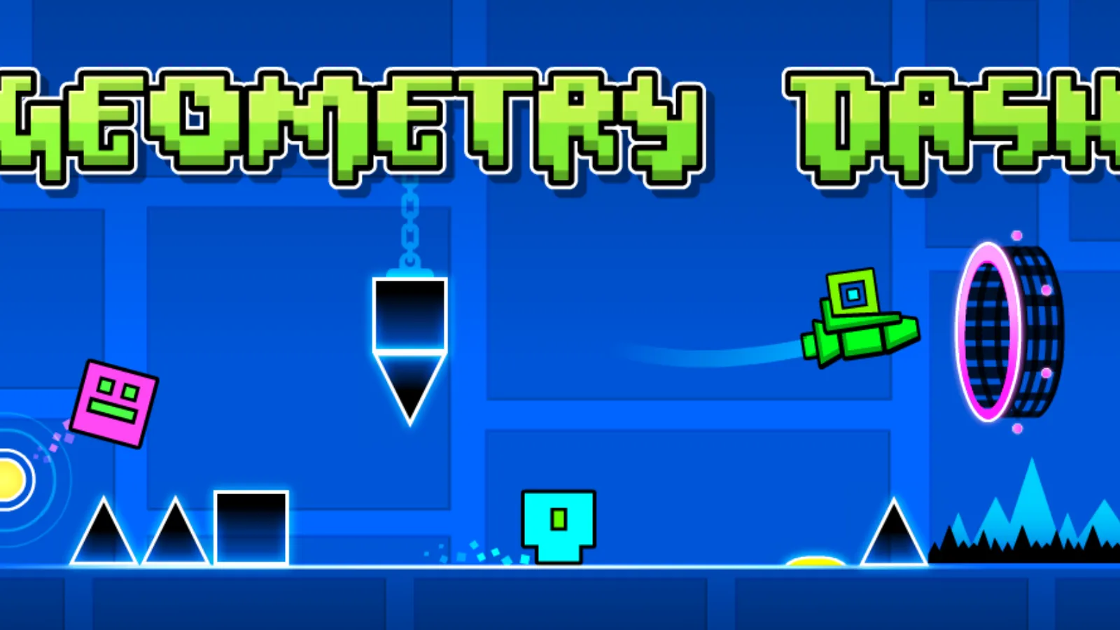 Logo Geometry Dash sur une composition d'éléments de jeu comprenant un cube rose, un navire vert et des obstacles hérissés.