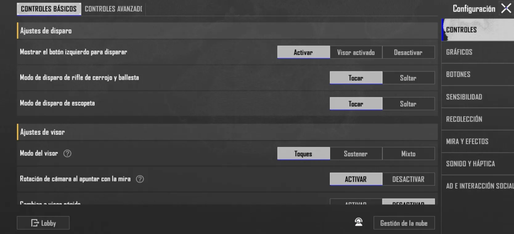 Panneau de paramètres des commandes de base dans l'interface PUBG Mobile avec options de prise de vue et de viseur.