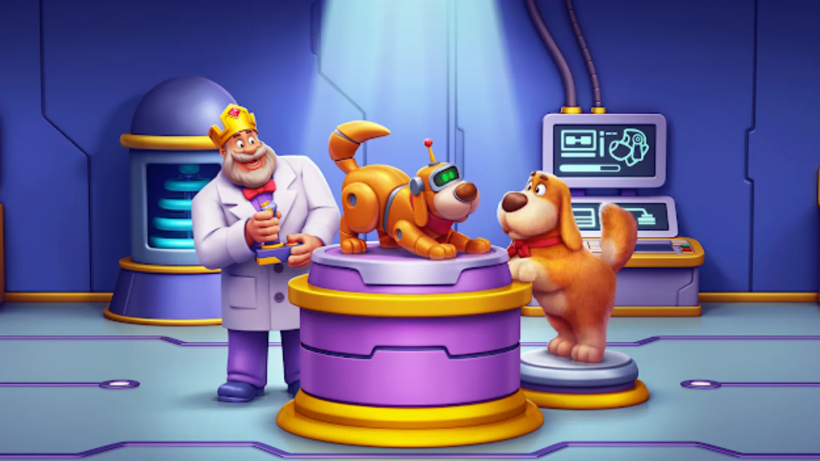 Le roi Robert de Royal Match dans un manteau de scientifique avec un chien robotique et un animal de compagnie dans un laboratoire technologique.