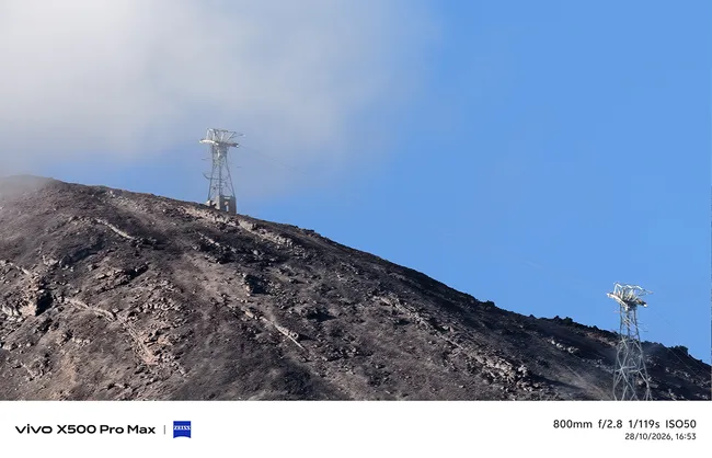 Gros plan de la pente volcanique et des tours de communication du Teide capturé avec un vivo-X500.