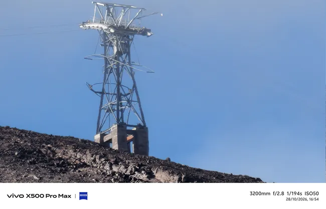 Gros plan d'une tour haute tension sur un terrain volcanique du Teide avec un vivo-X500.