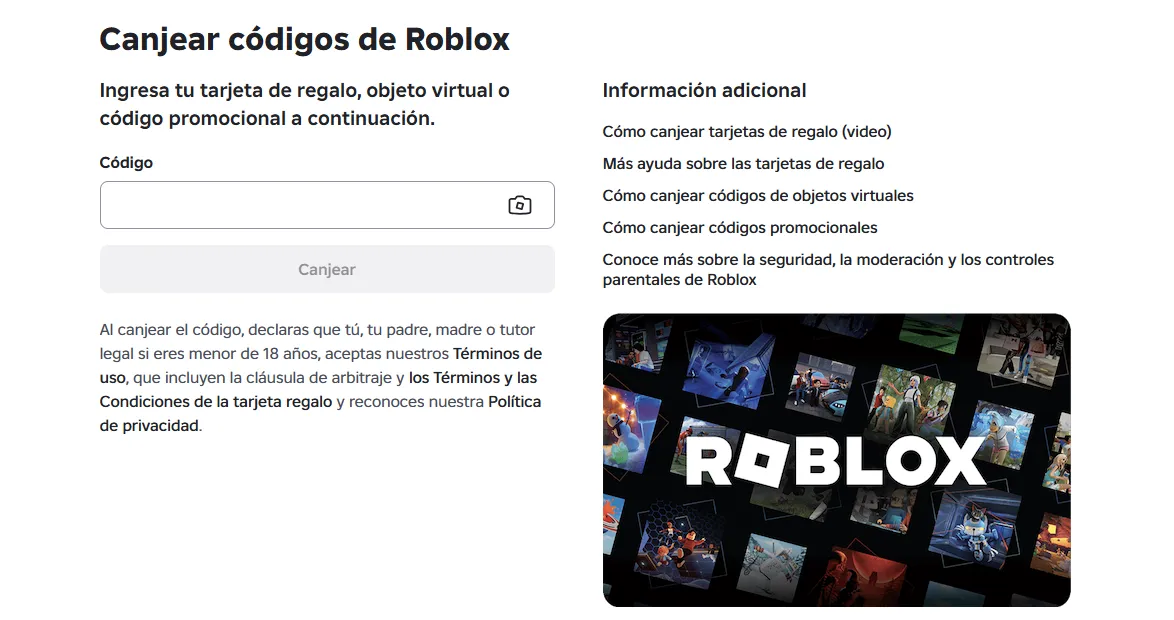 Interface de la page officielle pour utiliser les codes Roblox avec champ de texte et bouton d'activation.