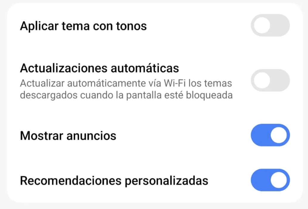Paramètres de l'application Xiaomi Security avec les commutateurs Afficher les annonces et Recommandations personnalisées activés.