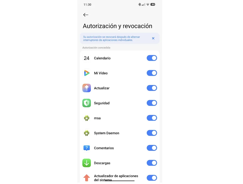 Écran d'autorisation et de révocation sur un téléphone Xiaomi avec le processus msa actif parmi d'autres applications système.