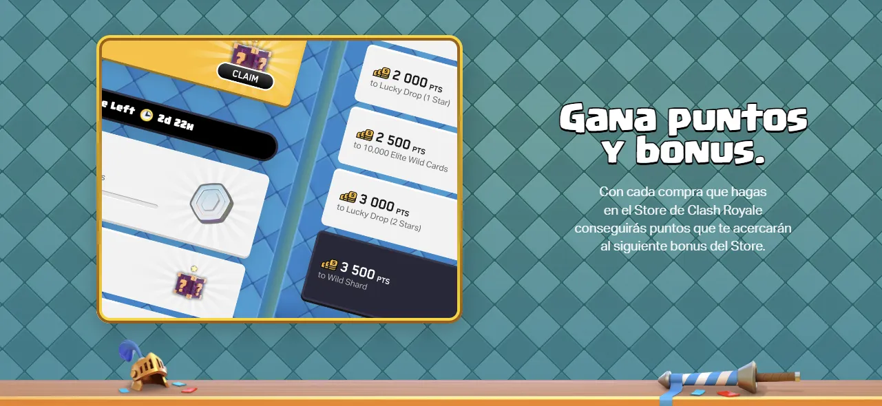 Interface Supercell Store montrant le système de points et de bonus pour les achats dans Clash Royale sur fond de diamants verts.