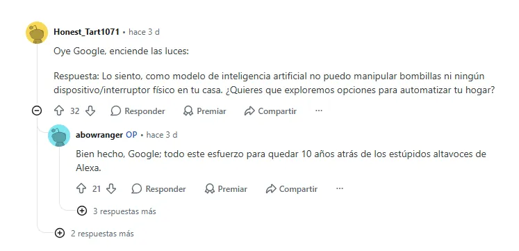 Captura de un hilo en Reddit donde un usuario critica la incapacidad de Gemini para controlar luces inteligentes en comparación con otros asistentes.