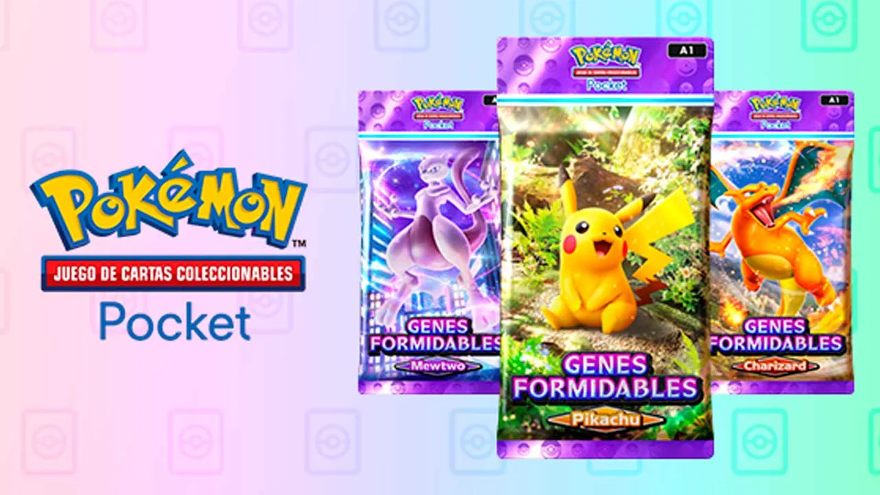 Logo Pokémon TCG Pocket à côté de trois packs numériques de l'extension Formidable Genes comprenant Mewtwo, Pikachu et Charizard.
