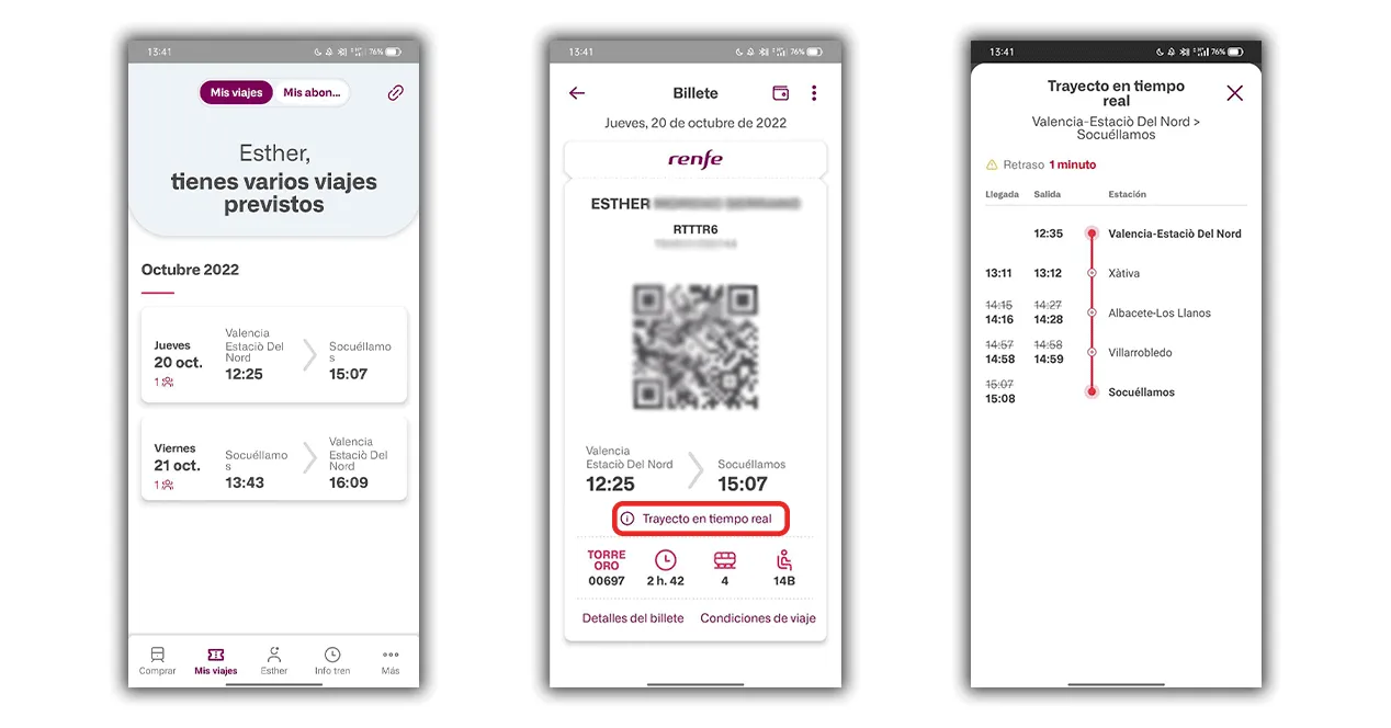 Tres capturas de pantalla de la aplicación móvil de Renfe mostrando la lista de viajes, un billete con código QR y el seguimiento del trayecto en tiempo real.